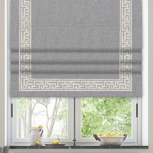 Roman Shades, Blackout Grey Roman Shades, Blue Embroidered Border Custom, Washable Windo... | Amazon (US)