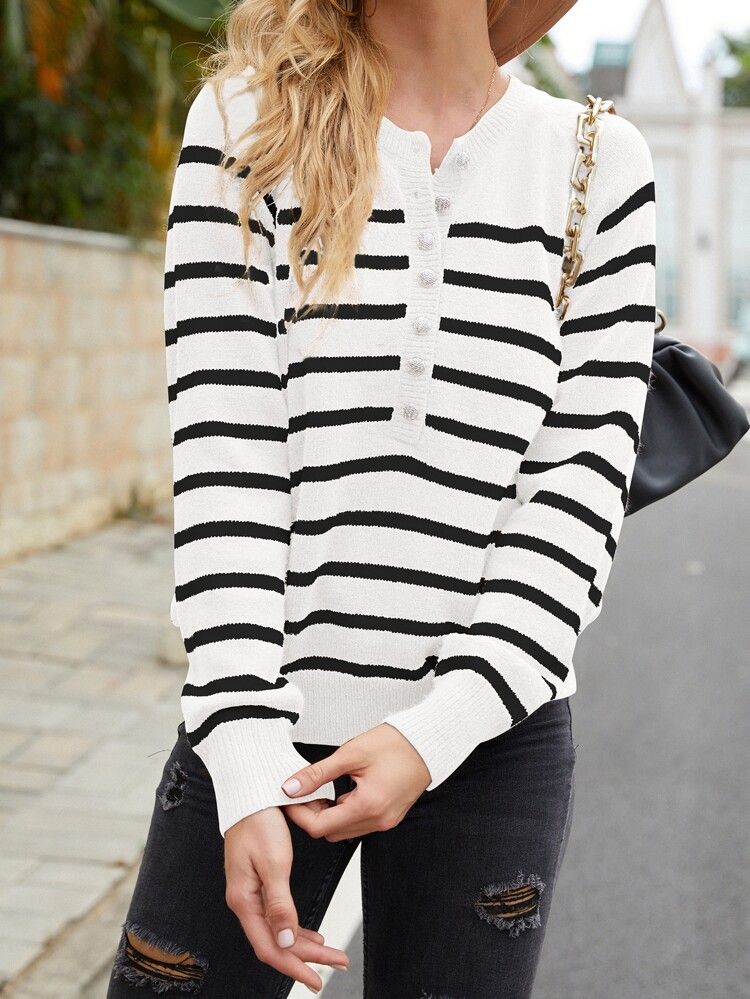 Striped Pattern Raglan Sleeve Single Breasted Sweater | SHEIN