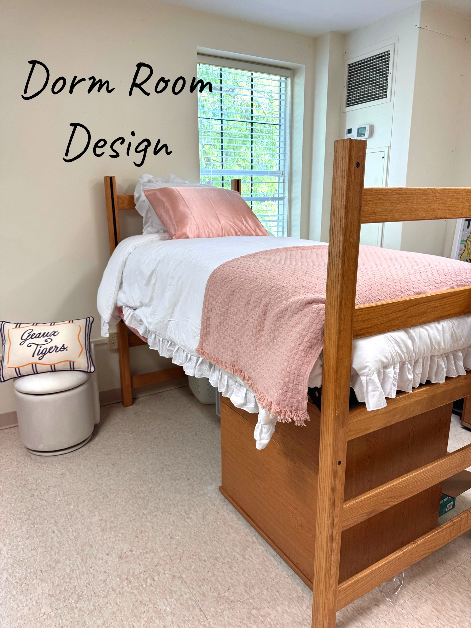 Not a fancy dorm room, but it’s still cute. The vanity stool that swivels and adds additional storage, and unseen, but very important mattress pad, and a roughly white comforter with a blush pink blanket, makes her feel comfortable away from home. #collegelife #dormdecor

#LTKHome #LTKKids #LTKmomlife