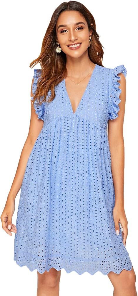 Romwe Women's Plain Short Sleeve Floral Summer Floral Lace Prom Party Shift Dress | Amazon (US)