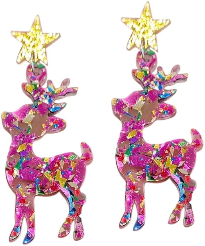Pingyongchang Christmas Tree Reindeer Glitter Acrylic Dangle Drop Earrings for Women Cute Cartoon... | Amazon (US)