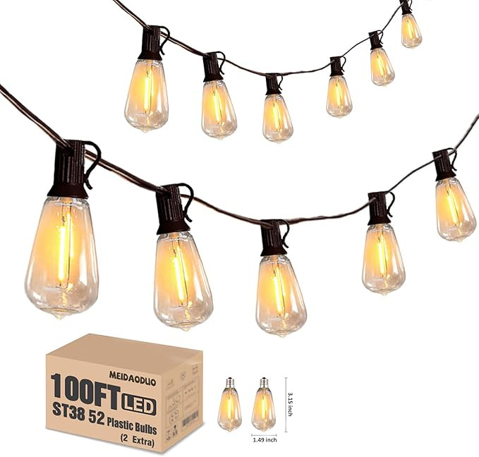 Outdoor String Lights for Outside Waterproof 100FT ST38 Edison Lights Outdoor String with 50+2 LE... | Amazon (US)