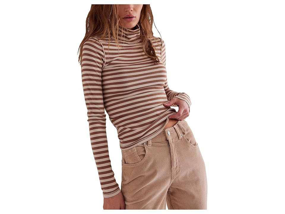 Free People We The Free Good Good Stripe Turtleneck Women's Clothing Otter/Tea : XL (Women's 16), Cotton/Elastane/Lyocell | Zappos