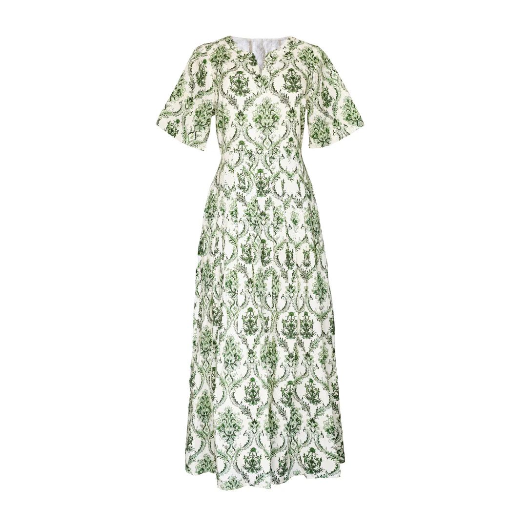 Pleated Midi Dress, Green and Ivory Trellis Print | The Avenue