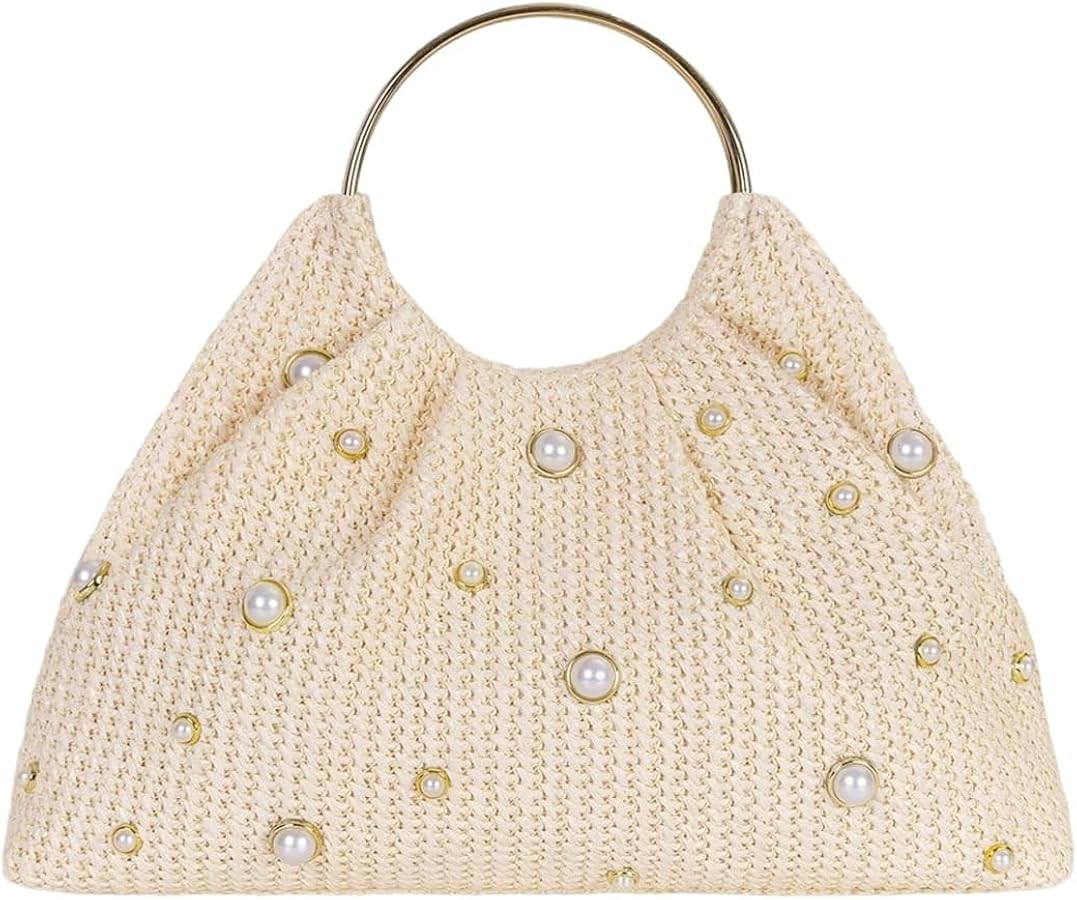 MakeMeChic Women's Straw Beaded Handbag Ruched Circle Handle Evening Bag Clutch Purse | Amazon (US)