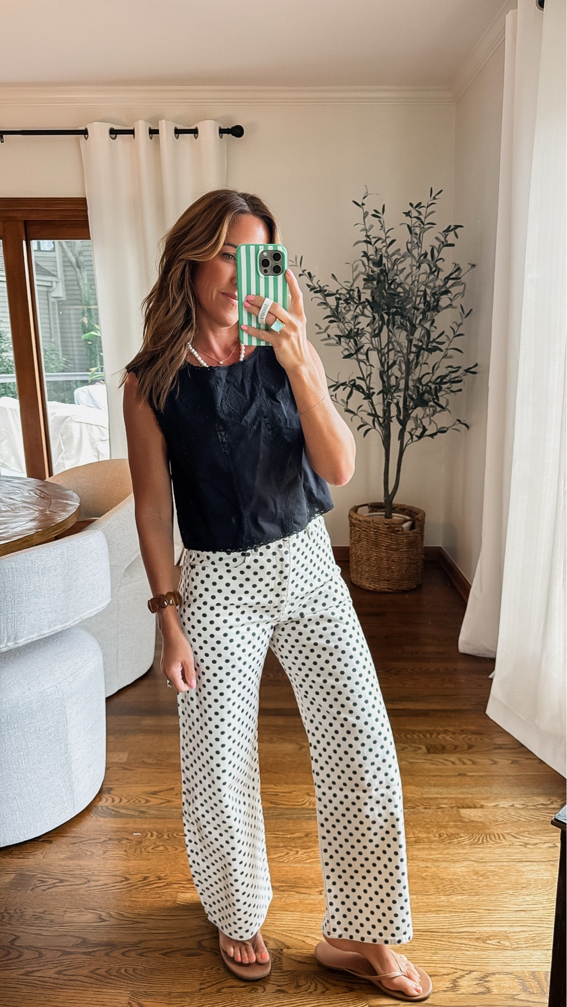 This is my true size 25. Just ordered the 24 as it’s too big at the waist. Adorable
Polka dot jean. 
XS tank

#LTKootd #LTKmomlife #LTKSeasonal