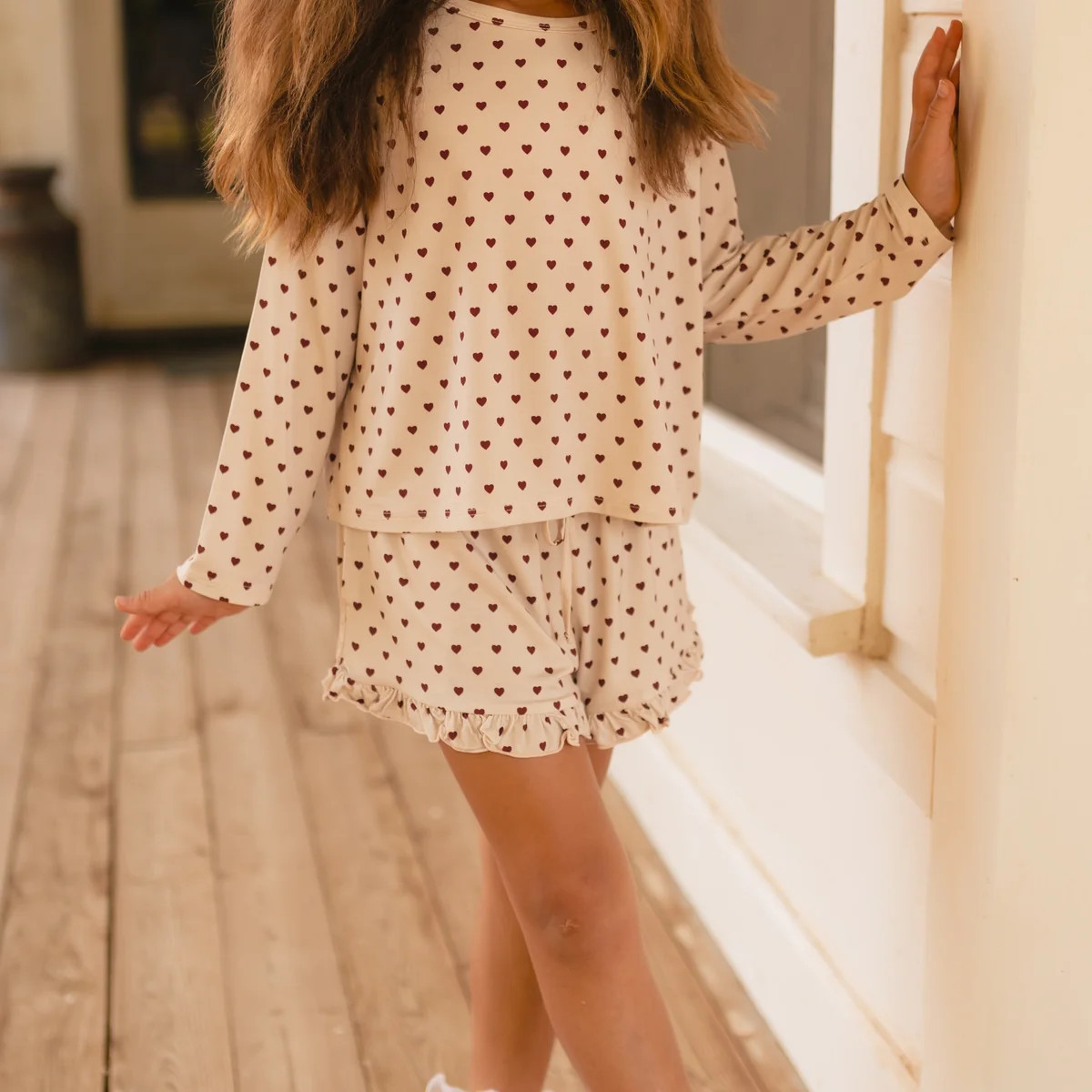Girl's Long Sleeve and Ruffle Shorts Set in Fall Hearts | Silks Design