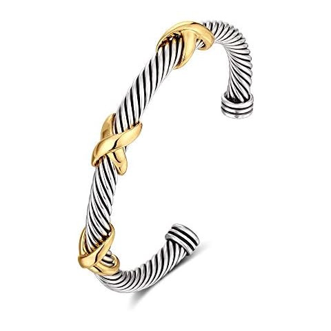 NANDUDU Cuff Bracelet for Women Cable Wire Bracelet - Stainless Steel Two Tone Twisted Bangle - S... | Amazon (US)
