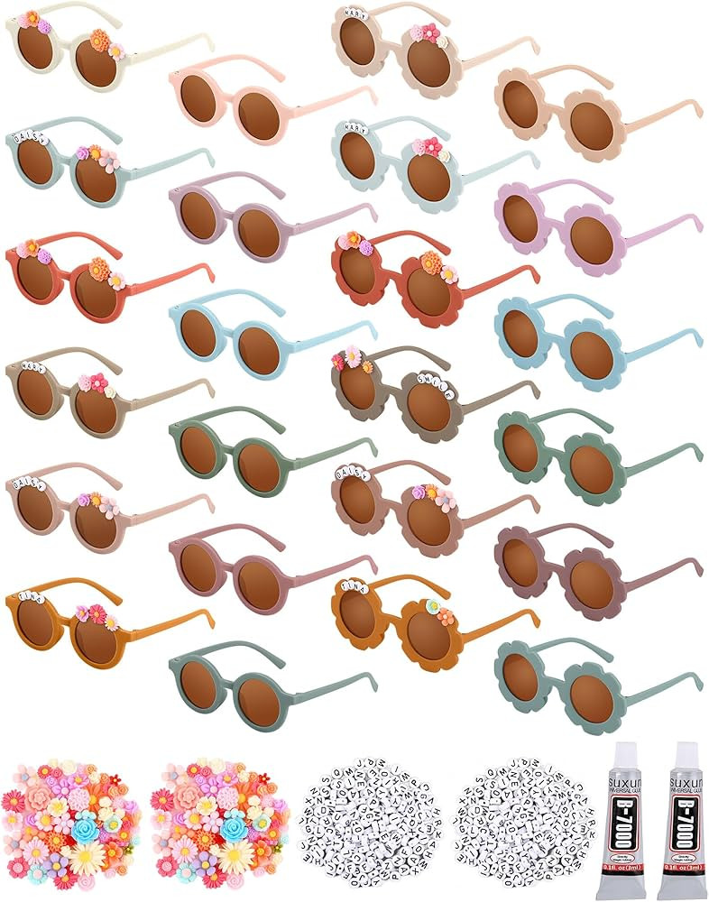Kanayu 24 Pcs Sunglasses DIY Kit Kids Round Flower Sunglasses Bulk with 200 Letter Beads 100 Dais... | Amazon (US)