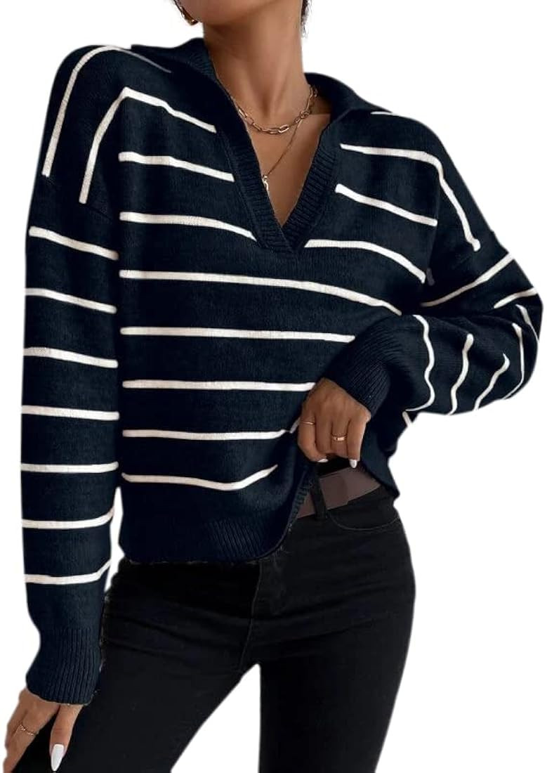 SAFRISIOR Women Casual Striped V Neck Collar Pullover Long Sleeve Notched Loose Fit Sweater Jumper K | Amazon (US)