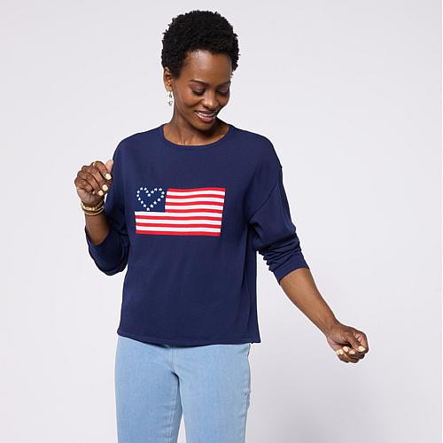 Colleen Lopez Americana Flag or Star Motif Sweater - Navy Flag - Size X-Large | HSN