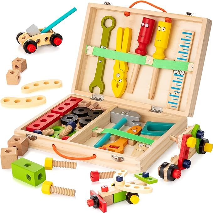 Amazon.com: KIDWILL Tool Kit for Kids, 36 pcs Wooden Toddler Tools Set Includes Tool Box, Montess... | Amazon (US)