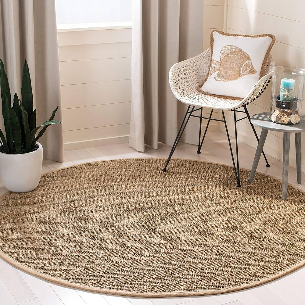 SAFAVIEH Natural Fiber Collection Area Rug - 9' Round, Natural & Beige, Border Herringbone Seagra... | Amazon (US)
