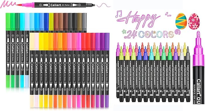 Caliart 34 Double Tip Brush Pens Art Markers, 24-Color Double-Line Outline Markers, Drawing Pens ... | Amazon (US)