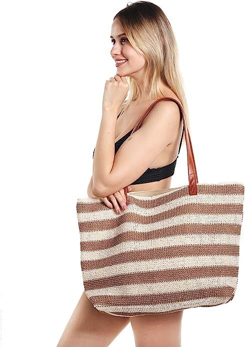 Genovega Large Stripe and Stitchwork Straw Tote Beach Bag with Zipper | Amazon (US)