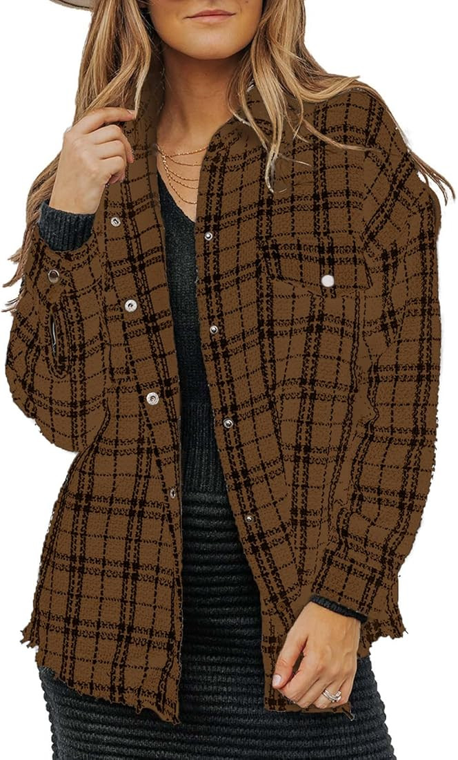 Sidefeel Womens Collared Dropped Shoulder Button Down Pocket Front Plaid Shacket Jacket | Amazon (US)