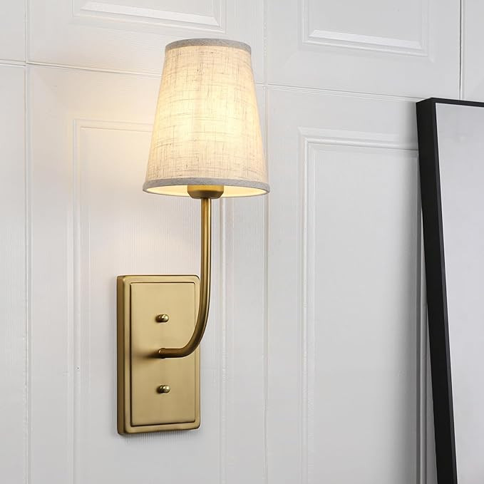Vintage Brass Wall Sconce 1-Light, Linen Fabric Shade Wall Lamp Hardwired Indoor Wall Light for B... | Amazon (US)