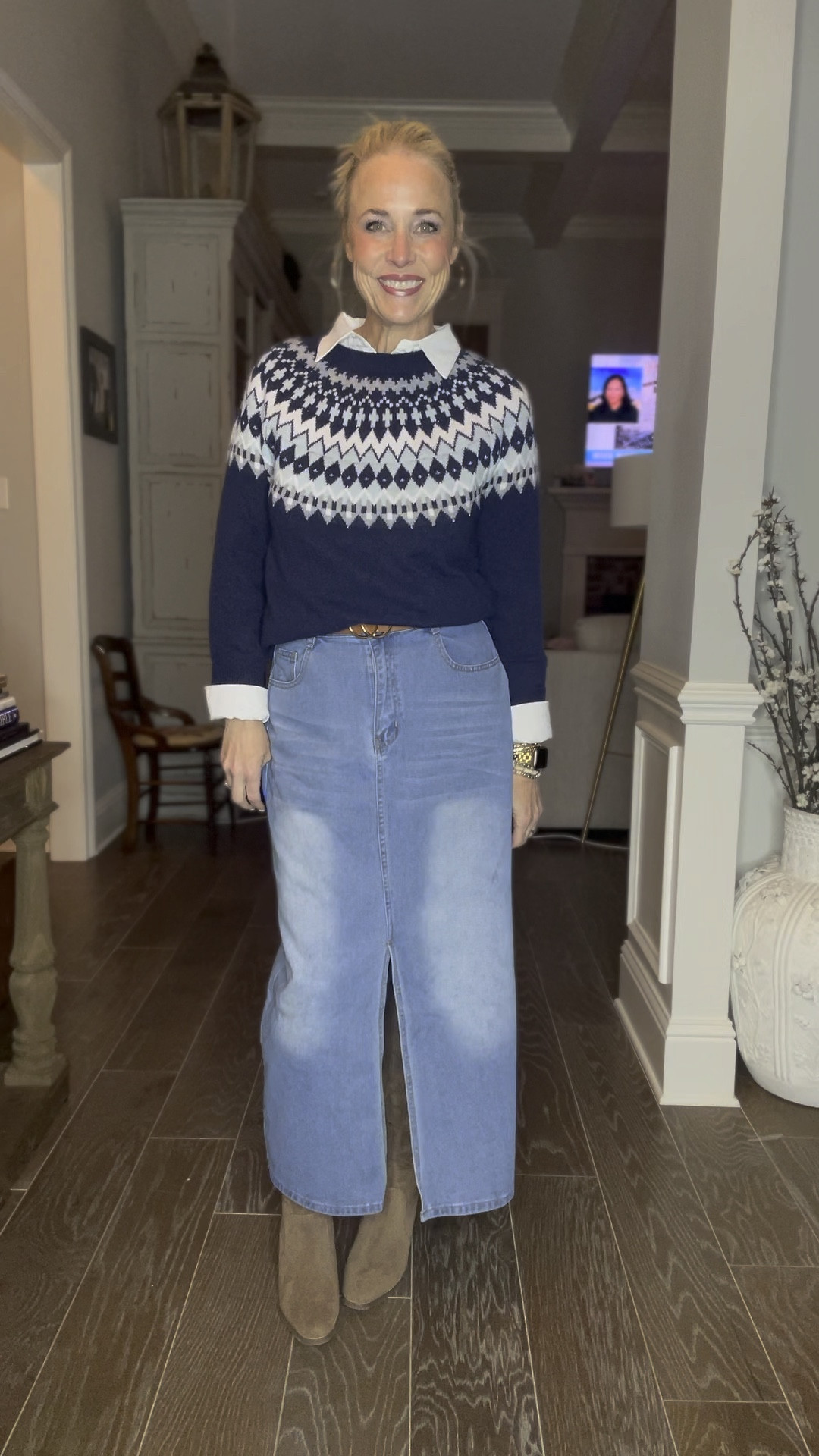 This is giving me all the JCREW & Ralph Lauren vibes but at a Target, Amazon, and Walmart price tag. Denim midi skirt is pear-shaped approved! Light wash on front of skirt is not as much of a contrast in real life as it appears to be here. Wearing a medium in everything 

#LTKplussize #LTKmidsize #LTKover40