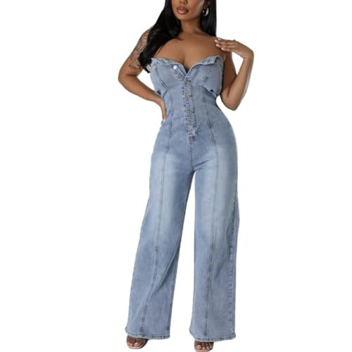 REASERAL Womens Denim Jumpsuits Button Sleeveless Tube Top Wide Leg Jeans Summer Going Out Jumpsuits | Amazon (US)