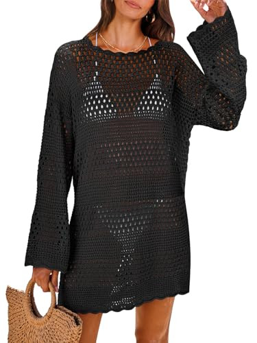 ANRABESS Women Swimsuit Crochet Swim Cover Up 2026 Summer Bathing Suit Swimwear Mesh Knit Beach Dress Vacation Outfits Black Small | Amazon (US)