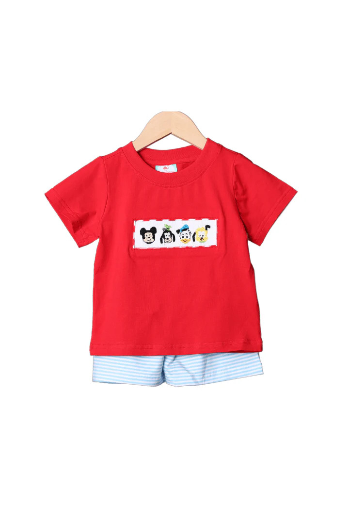 Smocked Mouse and Friends Red/Blue Stripe Short Set | The Smocked Flamingo