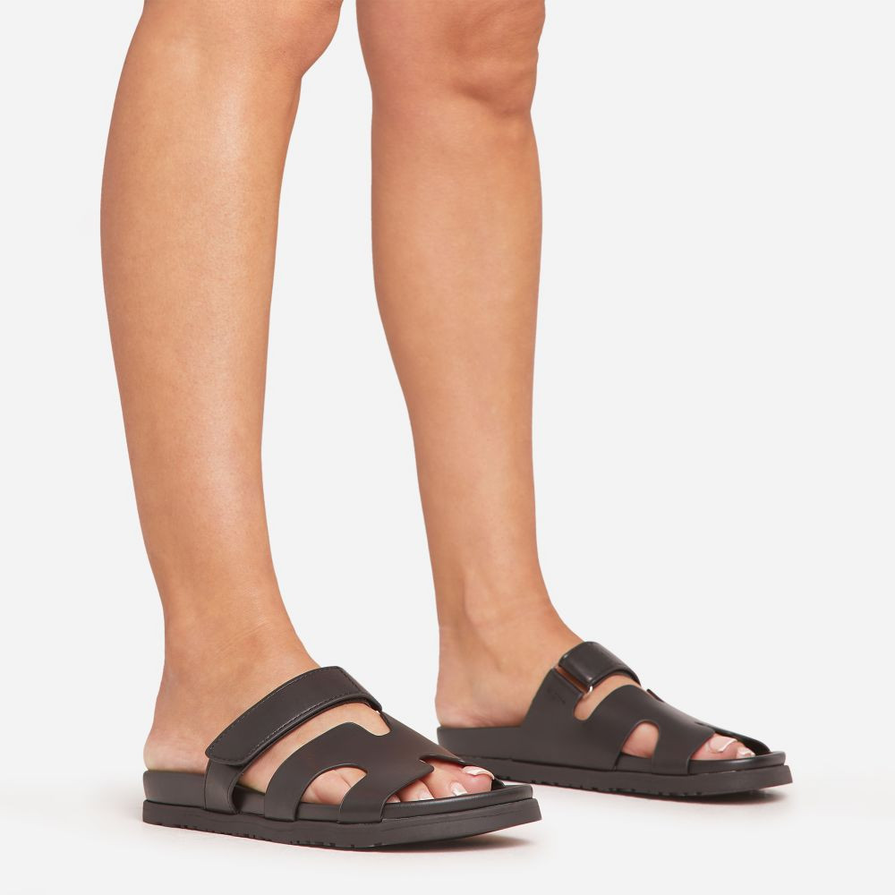 Valerie Gladiator Velcro Strap Flat Slider Sandal In Black Faux Leather | EGO (UK)