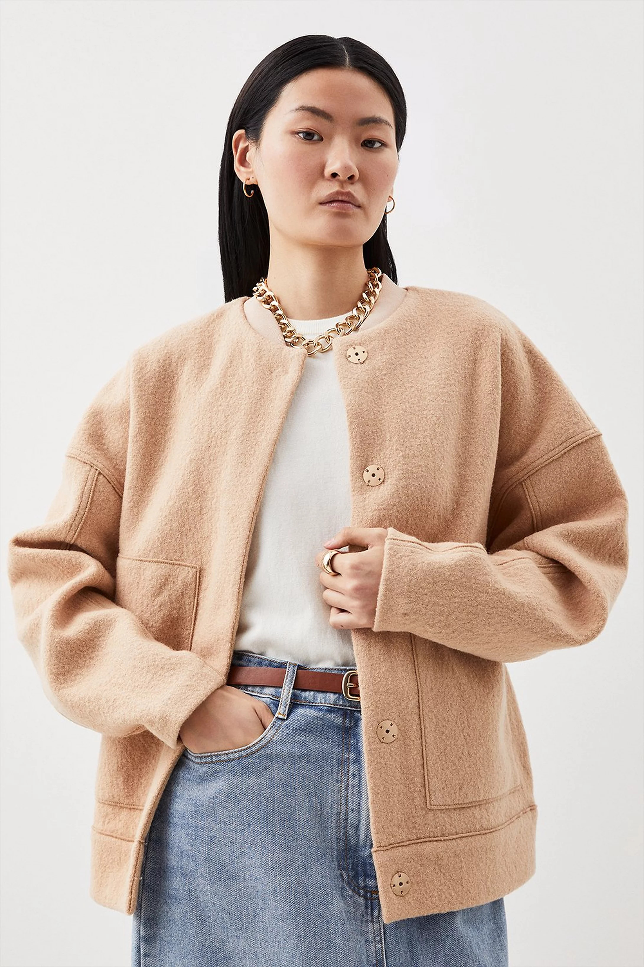 Premium 1% Washed Wool Bomber Knit Jacket | Karen Millen US