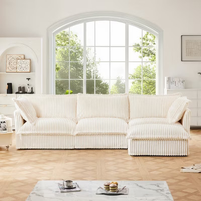 Slipcovered Sectional Sofa, 3 Seater Sofa with Removable Cover, Sofa Couch with 1 Ottoman, Cream Corduroy Fabric Sectional Sofas-Cuddlewood | Target