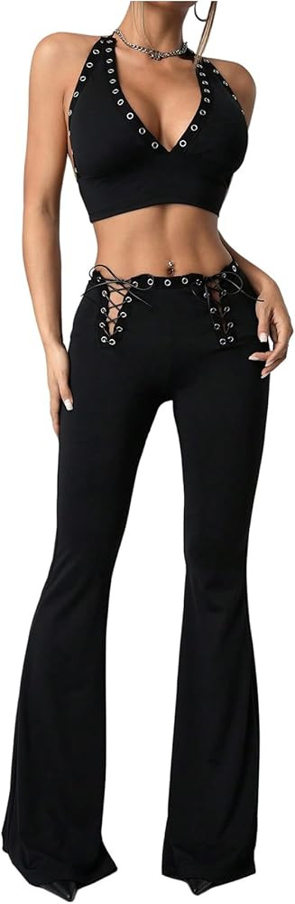 GORGLITTER Women's Concert Rave Festival Y2K Outfits Backless Halter Tops and Low Waisted Bootcut... | Amazon (US)