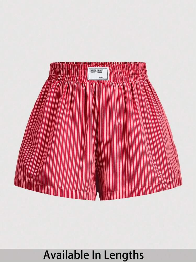 SHEIN PETITE CURVE Women's Casual Loose Hi-Letter Striped Waistband Elastic Waist Shorts | SHEIN