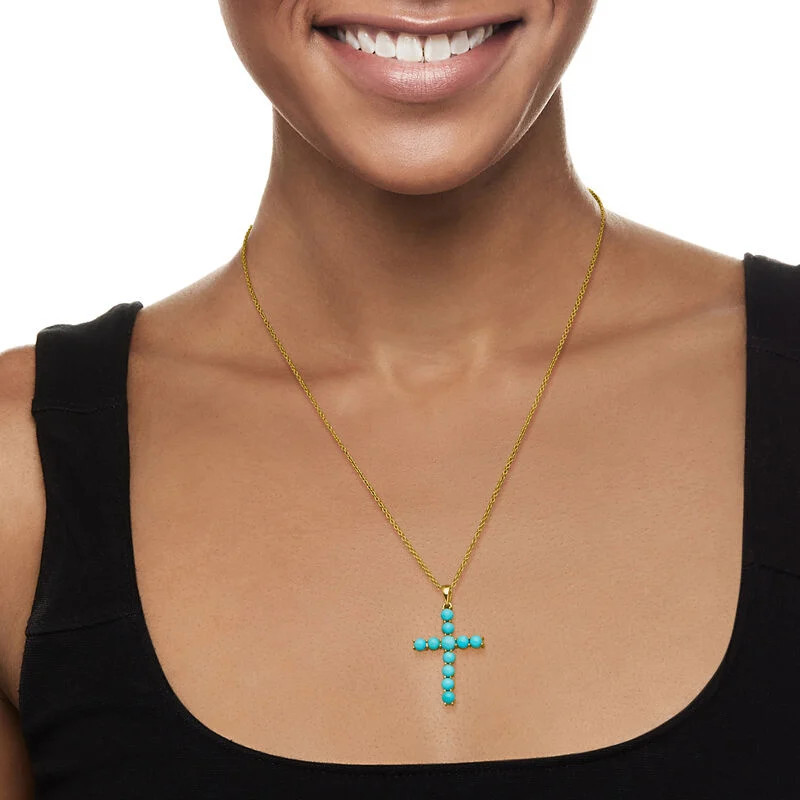 4-5mm Turquoise Cross Pendant Necklace in 18kt Gold Over Sterling. 18" | Ross-Simons