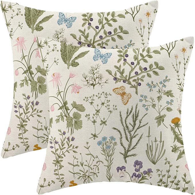 Spring Pillow Covers 18x18 Inch Set of 2,Sage Green Wild Flower Plant Throw Pillows Case,Seasonal... | Amazon (US)