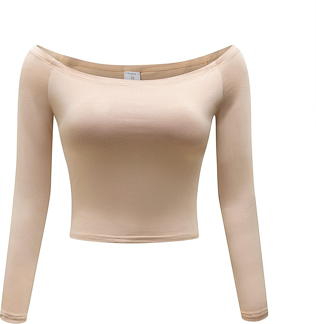 OThread & Co. Women's Off Shoulder Long Sleeve Crop Top Comfy Basic Stretch Layer Shirt | Amazon (US)