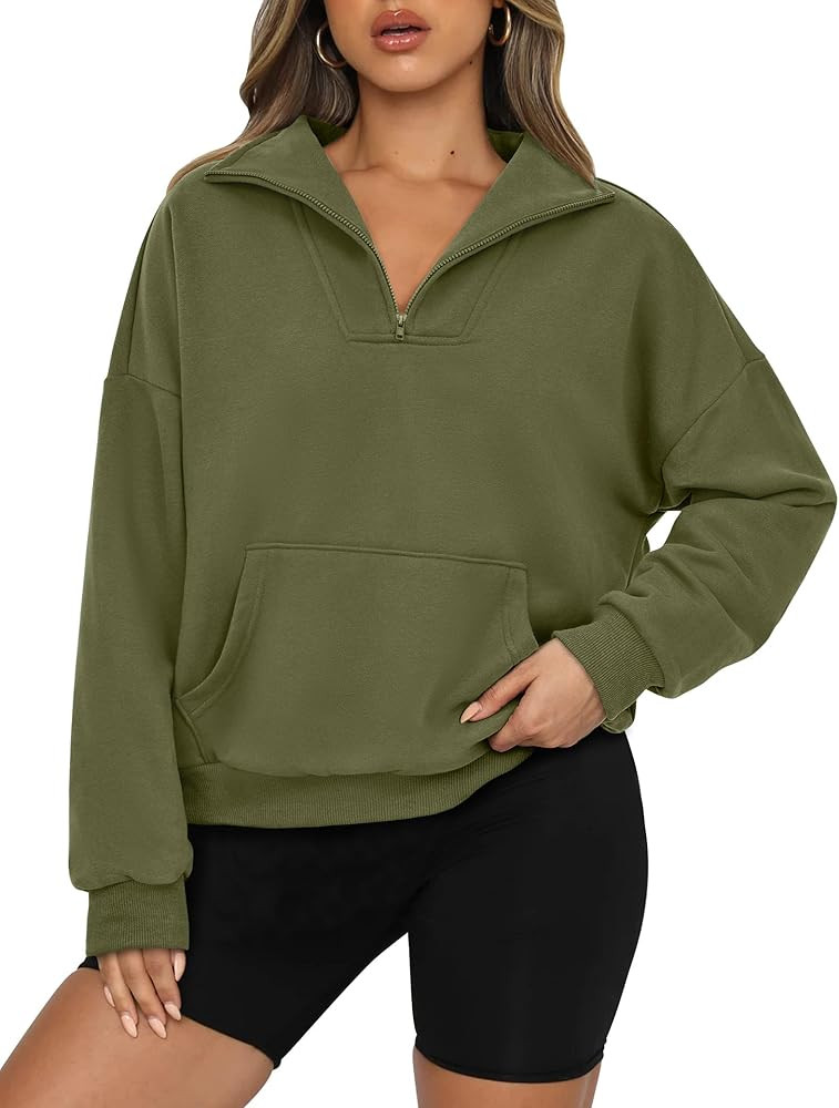 PRETTYGARDEN Womens Quarter Zip Long Sleeve Cropped Sweatshirt 2024 Fall Winter Casual V Neck Pul... | Amazon (US)