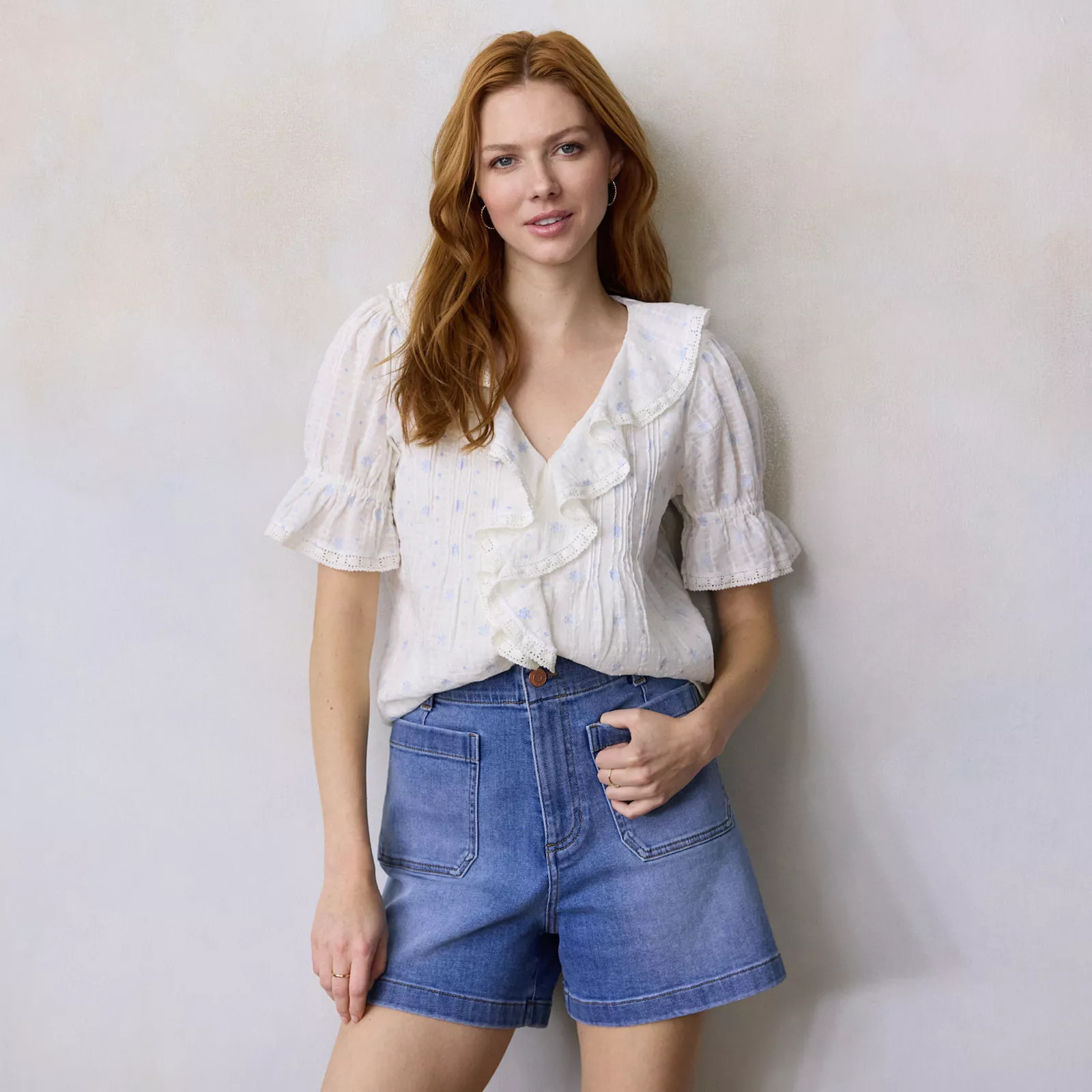 Women's LC Lauren Conrad Ruffle Front Blouse With Tucks, Size: Medium, White Blue Flowers | Kohl's