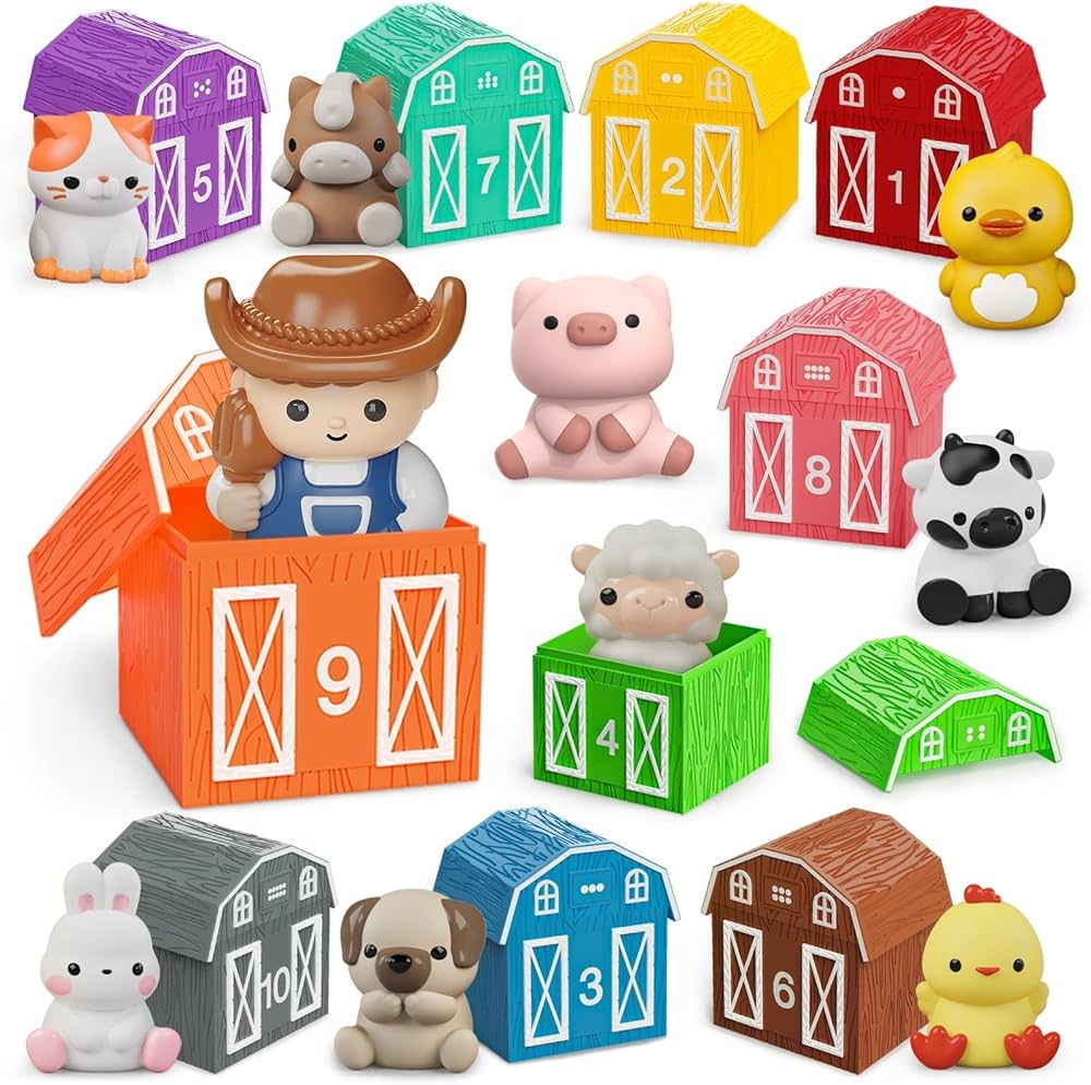 Learning Toy for Toddlers 1 2 3+ Years Old, 20 PCS Farm Animal Barn Toy & Finger Puppets, Montessori | Amazon (US)