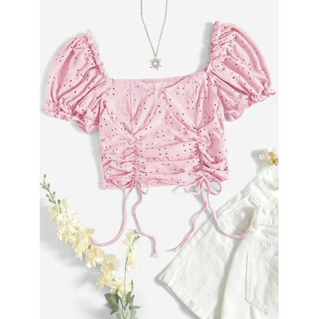 2022 Summer Boho Baby Pink Women s Puff Sleeve Frill Detail Drawstring Ruched Crop Top L2201107D M(6 | Walmart (US)