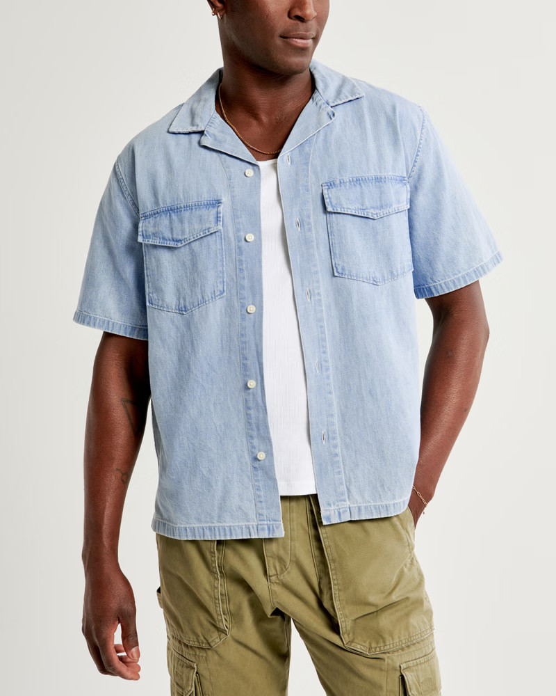 Vol. 28 Camp Collar Denim Button-Up Shirt | Abercrombie & Fitch (US)