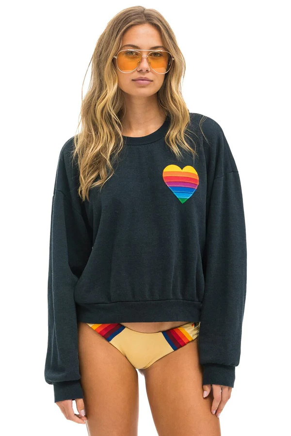 RAINBOW HEART STITCH RELAXED CREW SWEATSHIRT - CHARCOAL | Aviator Nation
