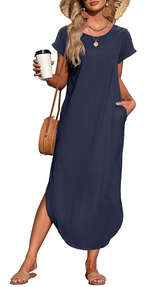 WNEEDU Womens Summer Dresses Casual Loose Short Sleeve Long T Shirt Dress Split Maxi Beach Sundre... | Amazon (US)