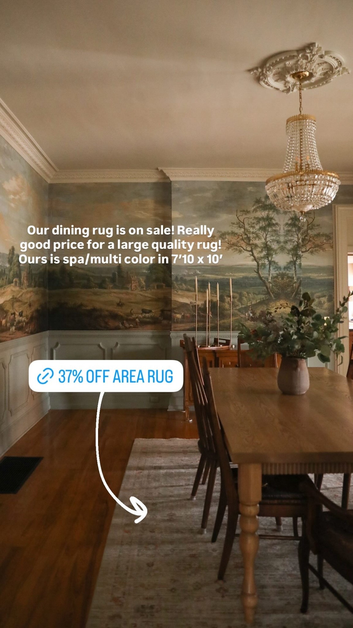 Our dining rug is on sale! Really good price for a large quality rug! Ours is spa/multi color in 7’10 x 10’