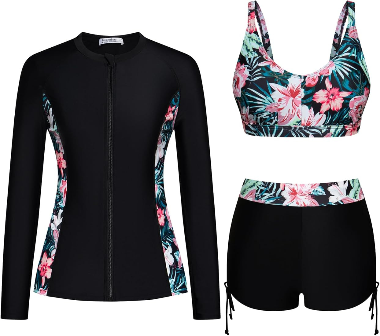 JASAMBAC Women 3 Piece Rash Guard Long Sleeve Zip Up Swimsuits with Boyshort UV UPF 50+ Swim Shir... | Amazon (US)