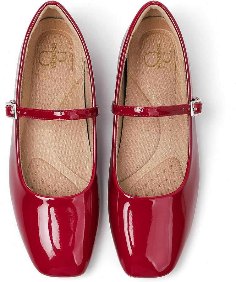 Women Square Toe Mary Jane Flats Adjustable Strap Soft Leather Comfort Work Dress Ballet Shoes | Amazon (US)