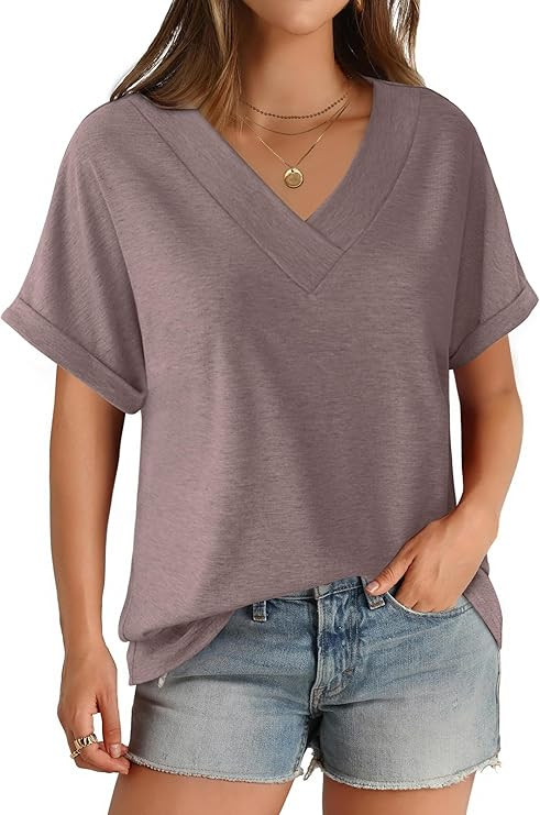 Womens Short Sleeve T Shirts V Neck Loose Fit Shirts Summer Casual Basic Tee Tops | Amazon (US)