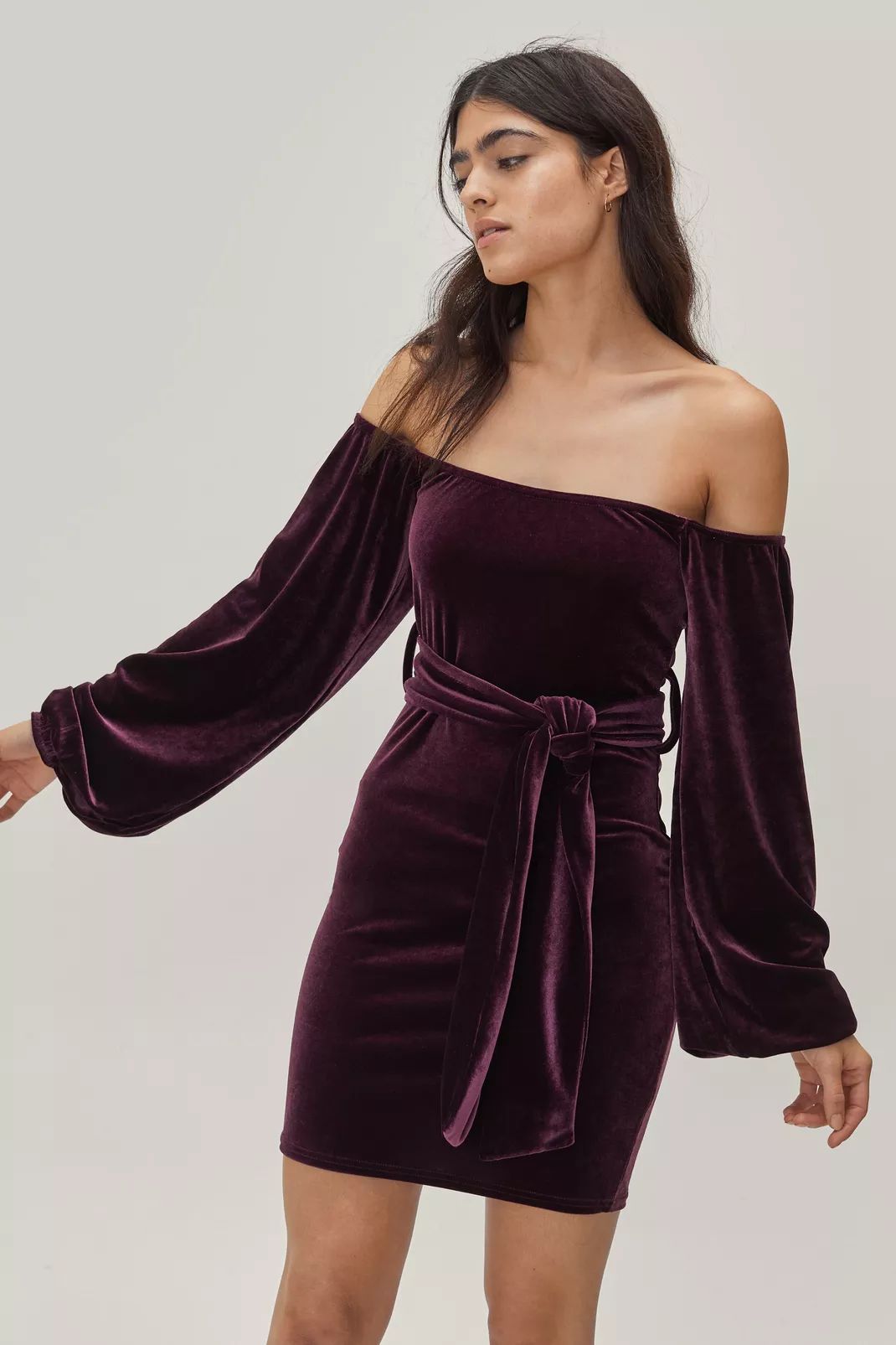 Velvet Belted Off the Shoulder Mini Dress | Nasty Gal (US)