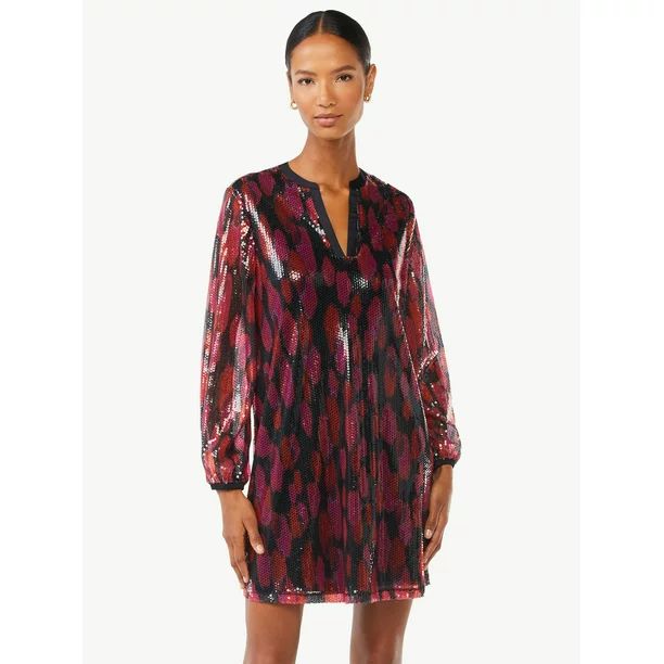 Scoop Women's Printed Sequin Dress with Long Sleeves - Walmart.com | Walmart (US)