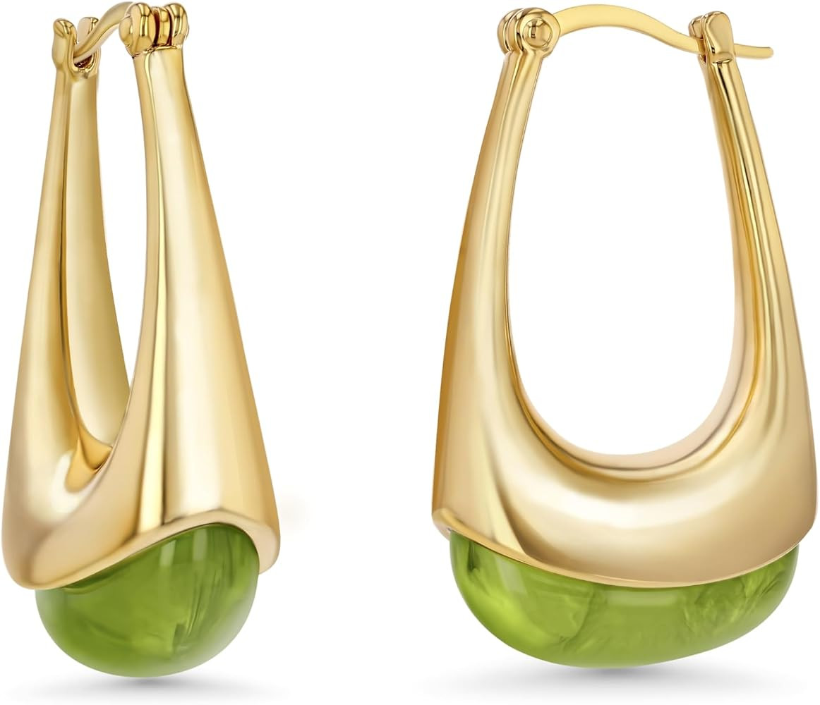SNGIA Long Oval Chunky Dangle 18K Gold Plated Hoops with Colored Resin Gemstone Statement Earring... | Amazon (US)