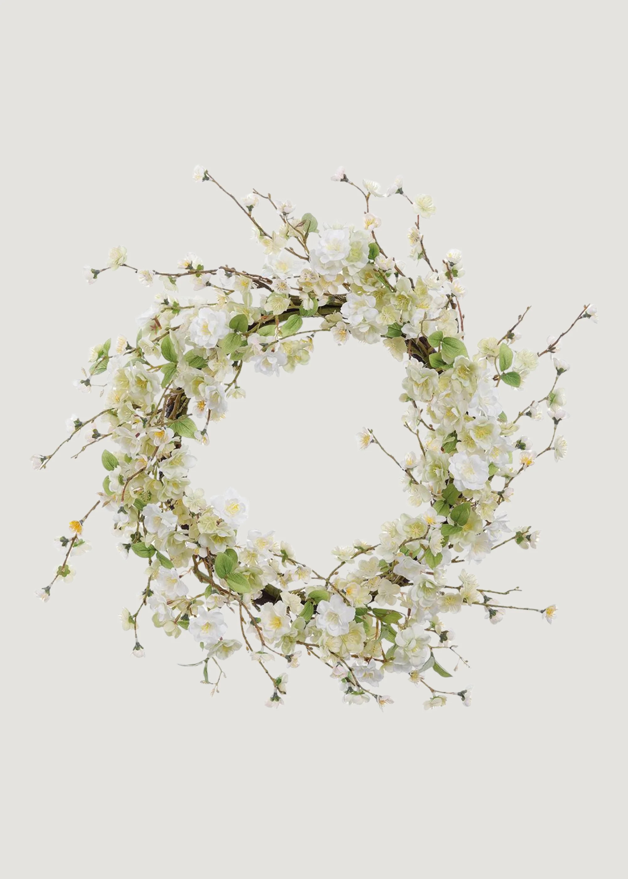 Artificial Wispy Cherry Blossom Flower Wreath in Cream Green - 24" | Afloral