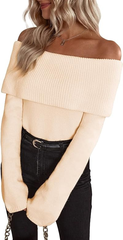 GORGLITTER Women's Off Shoulder Long Sleeve Sweater Casual Ribbed Knit Pullover Top | Amazon (US)