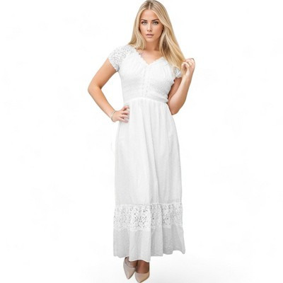 Anna-Kaci Women's Boho Inspired Lace Cap Sleeve Lace Trim Ruffle Flared Hem Maxi  Dress - Medium, White | Target